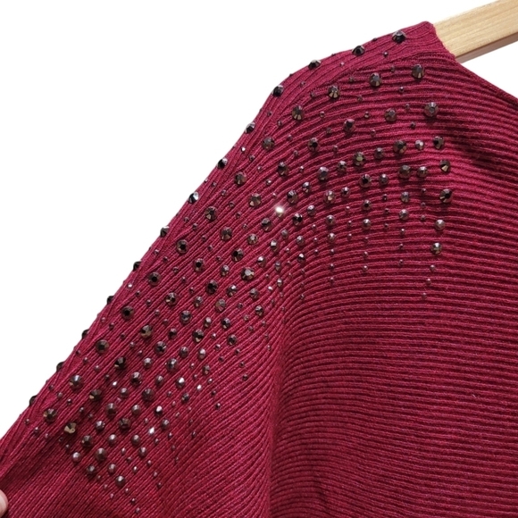 VILA MILANO XL Crew Neck Burgundy Wool Blend Ribbed Metallic Beaded Sweater - Picture 5 of 8